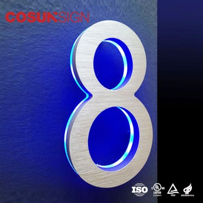 3D LED backlit brushed stainless steel house number with blue light letters